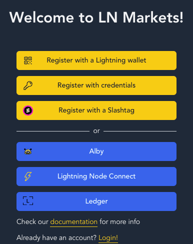 A screenshot taken from LN Market's login page, showing that users can register with their Lightning wallet, with credentials, with a Slashtag, with their Alby extension, by connection their LND node through Lightning Node Connect, or even by signing a message with a Ledger device.