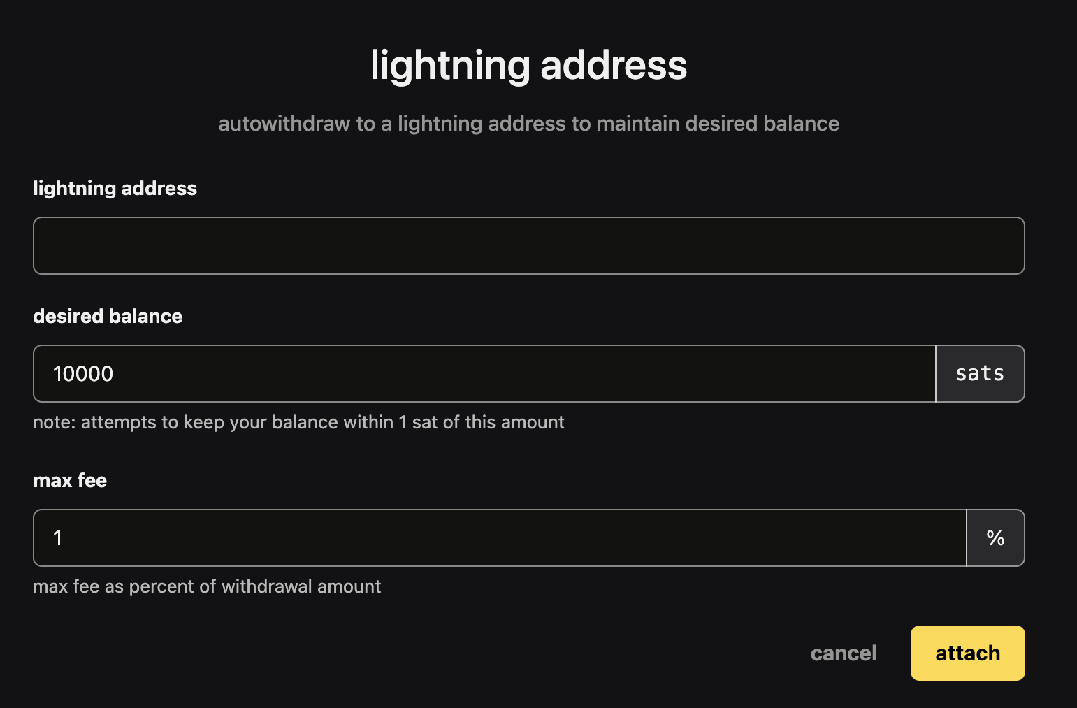 A screenshot of the form to attach a Lightning Address to your StackerNews account by inputing the address, desired balance and maximum fee to pay as a percent of the withdrawal amount.