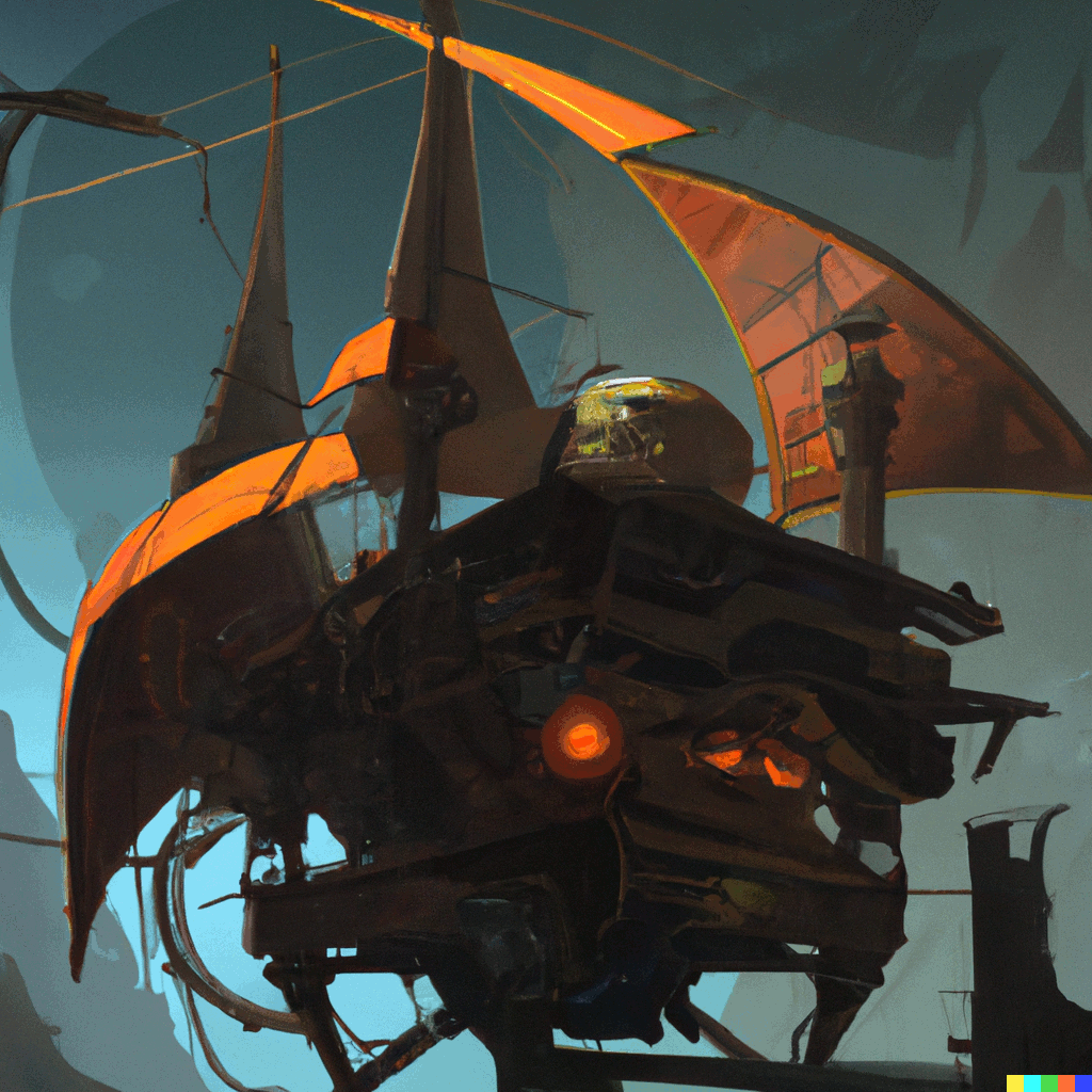 "Cyberpunk pirate space ship with orange solar sails, in the neighborhood of a moon, dark stellar background, digital art"