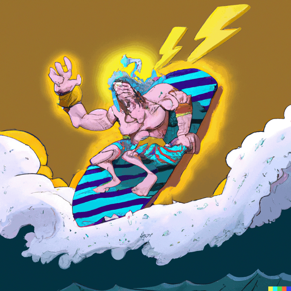 A cartoony illustration of the Greek God Zeus surfing.