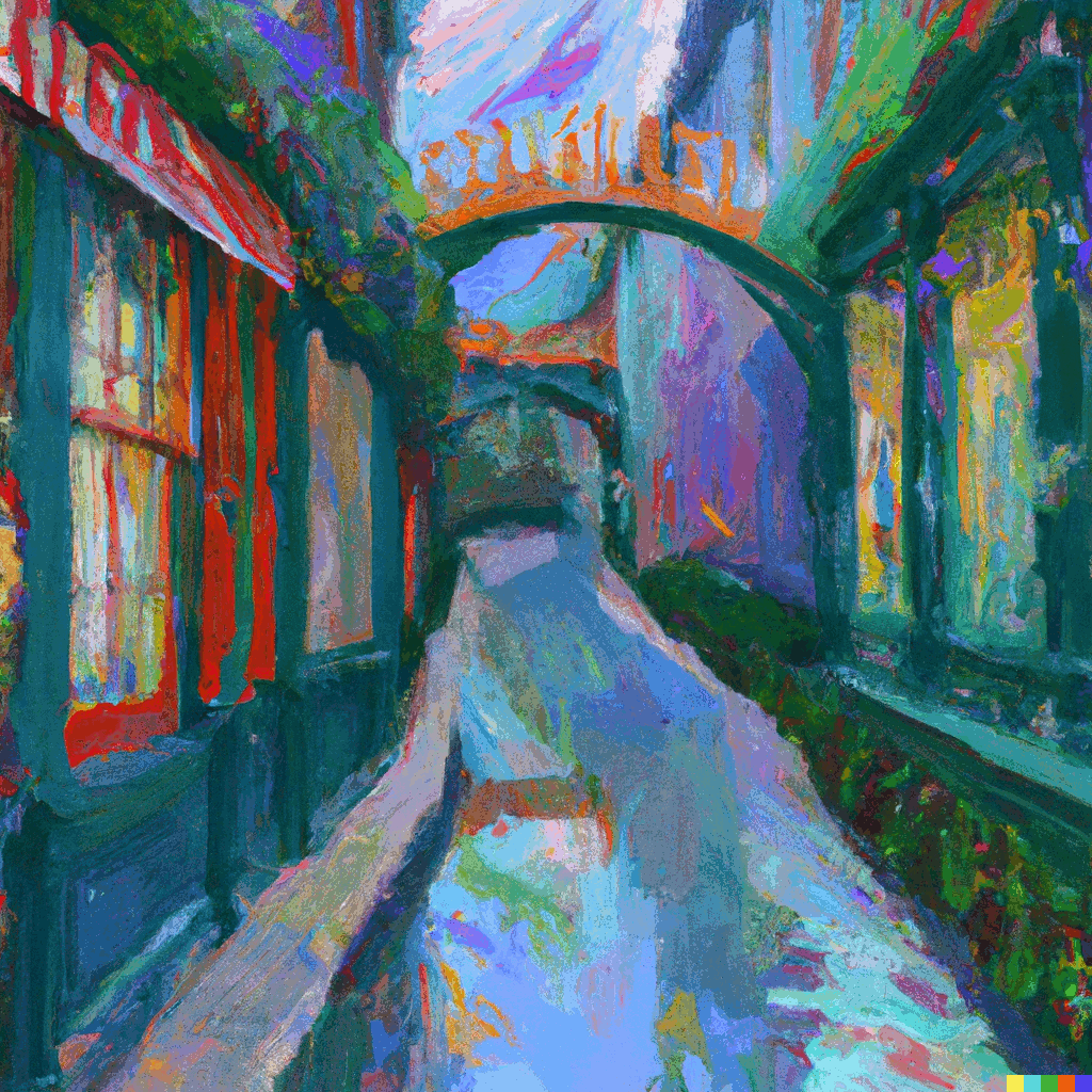 An impressionist and fantasmagoric representation of Harry Potter's Dragon Alley.