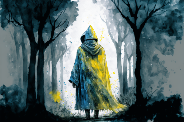A wizard standing in a forest, seen from behind.