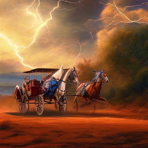 A drawing of stagecoach racing through a storm in the Far West.