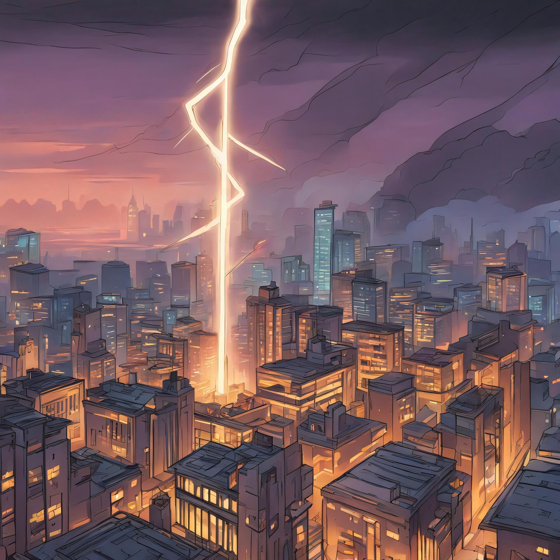 A cartoon drawing showing a lightning strike hitting a lightning rod in a futuristic city.