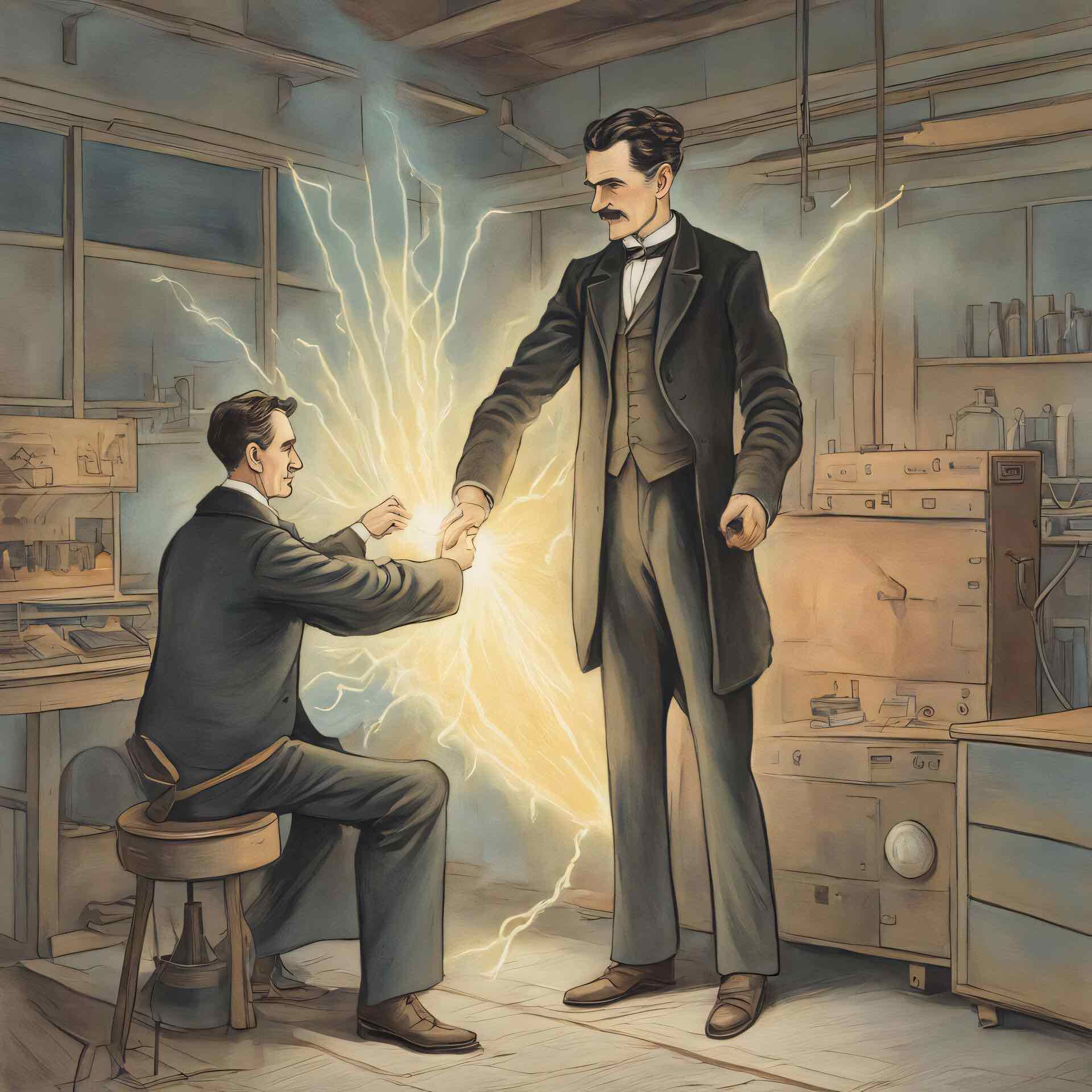 Drawing of Nikola Tesla and an assistant shaking hands, producing electric bolts.