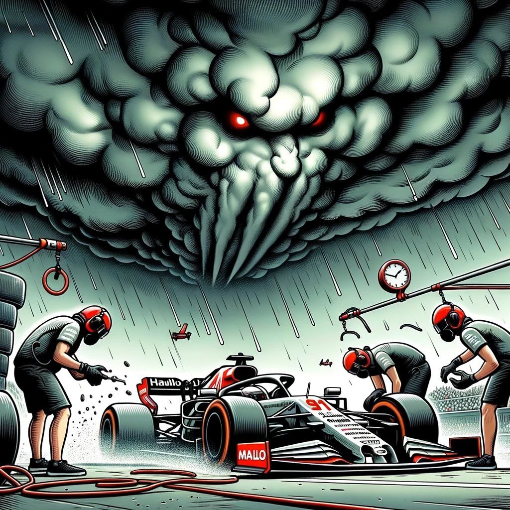 Drawing of a F1 car at the pit stop under a menacing sky.