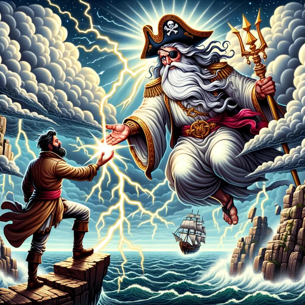 A pirate Zeus handing a human the gift of Lightning.
