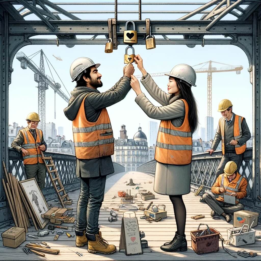 A drawing of two construction workers attaching a lock to the bridge their building.