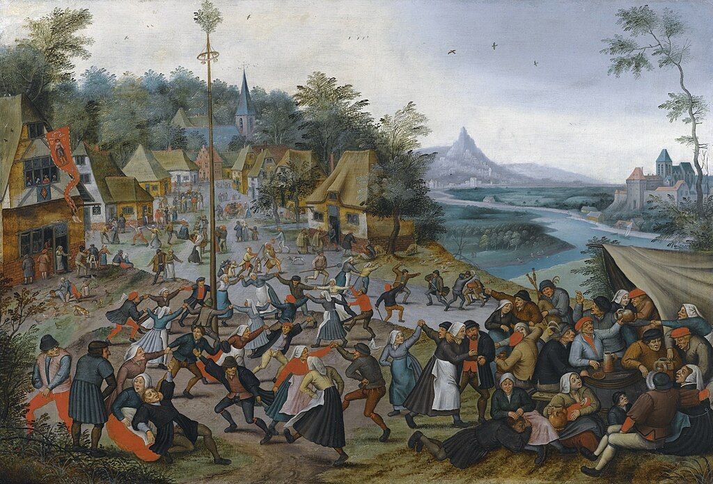 A painting showing people dancing around a maypole in the Netherlands in the 16th century.