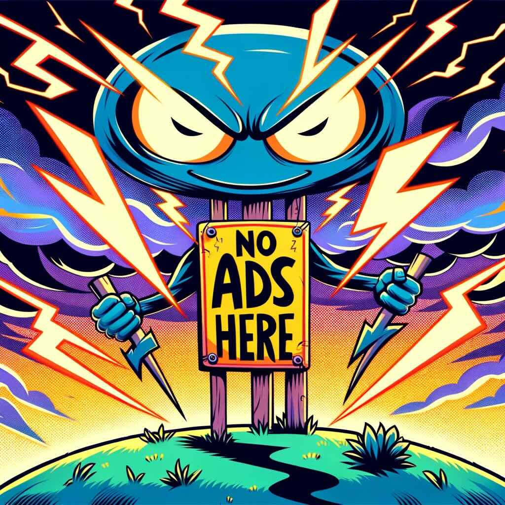 A bellicose lightning rod with a "No ads here" sign.