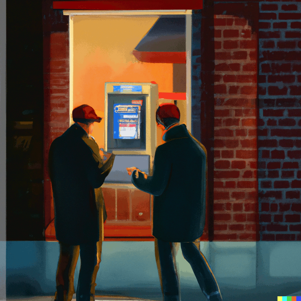 Two men are trading Bitcoin peer-to-peer in a city street at night.