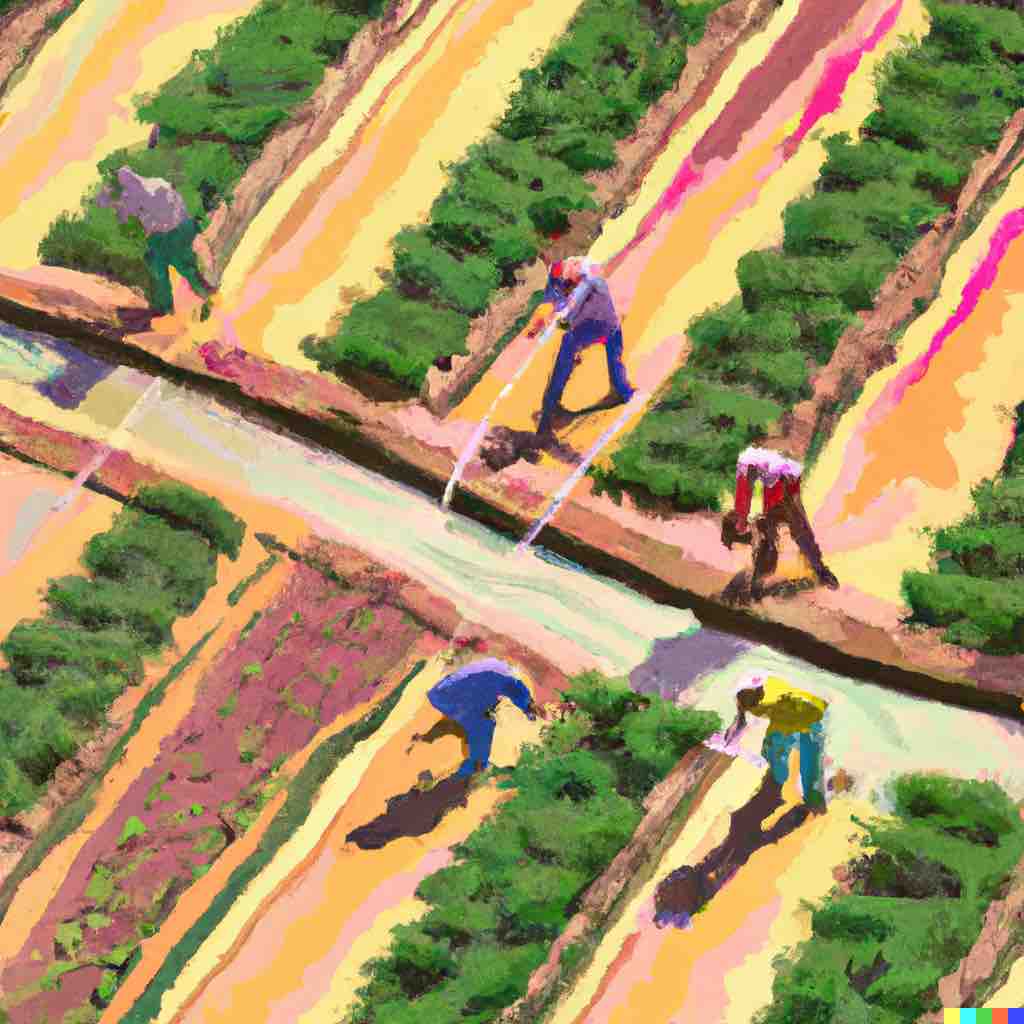 A painting of farmers tending to irrigation paths, seen from above, as an allegory of Lightning Channel Splicing.