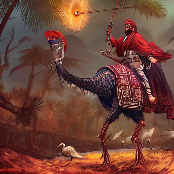 An orientalist science-fiction painting of a merchant riding a cyborg ostrich.