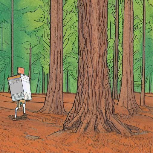A drawing of a robot carrying books across a forest.