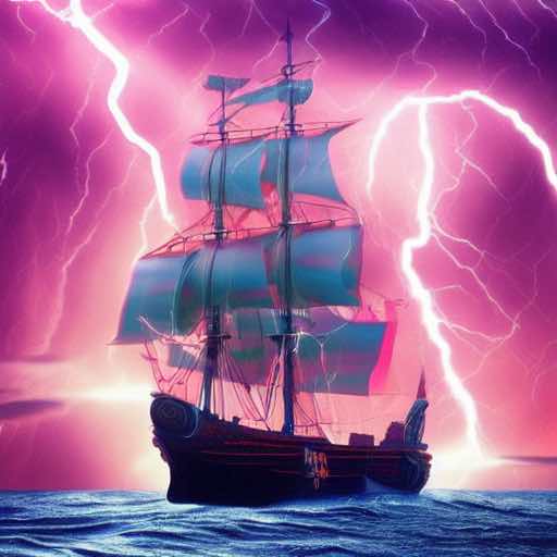 A pirate two-masted ship in the middle of an electric storm, with a bit of synthwave atmosphere.