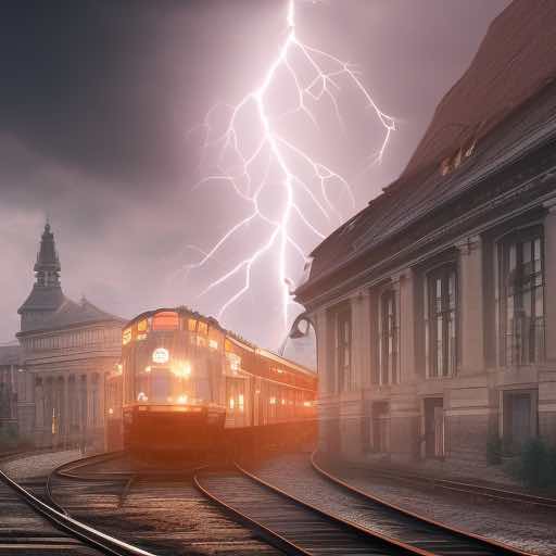 Realistic drawing of a train in a city, with lightning in the sky.