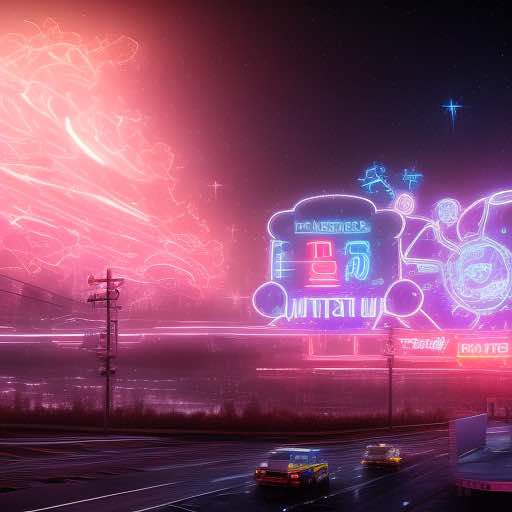 A drawing of a rural road with car passing by while futuristic billboards shine in the evening sky.