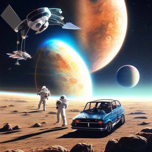 A drawing of two astronauts and a blue car on a lonely planet.