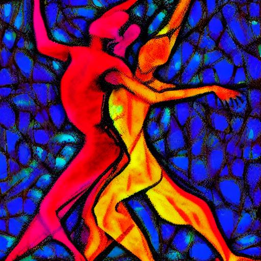 An expressionist, abstract painting of two dancers.