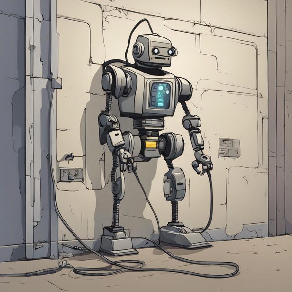 A cartoon of a robot plugged into a wall, recharging.
