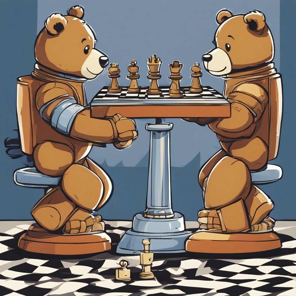 A drawing of two teddy bear robots playing chess.