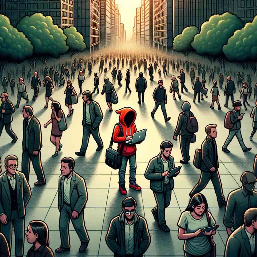 A drawing of hacker in a red hoodie standing in the middle of a crowd.