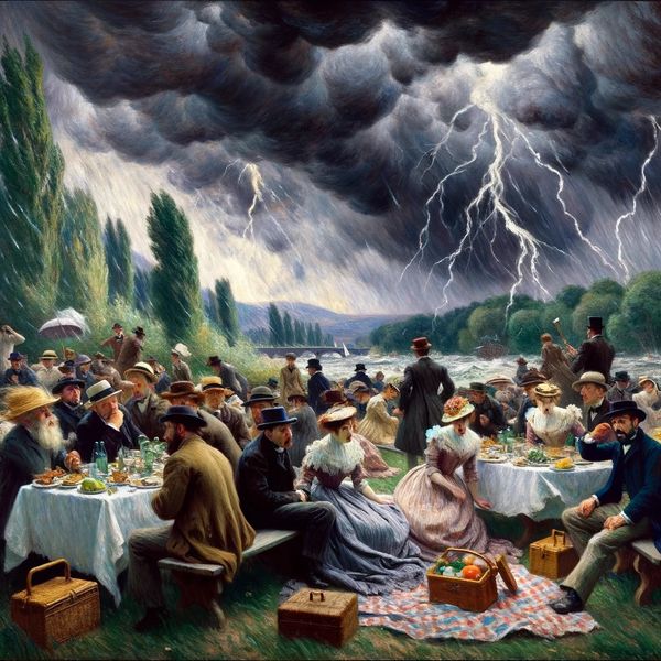 A rework of Edouard Manet's "Déjeuner sur l'herbe", but under a stormy sky.