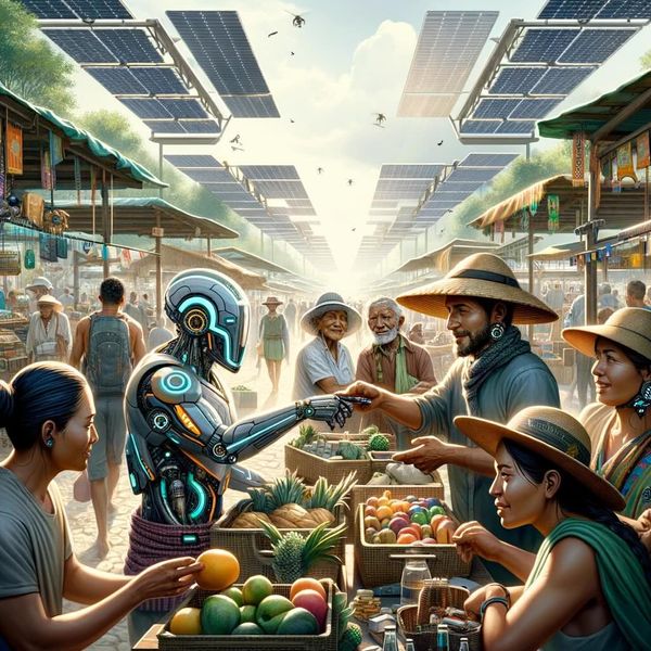 A solarpunk market with a robot buying groceries from a human merchant.
