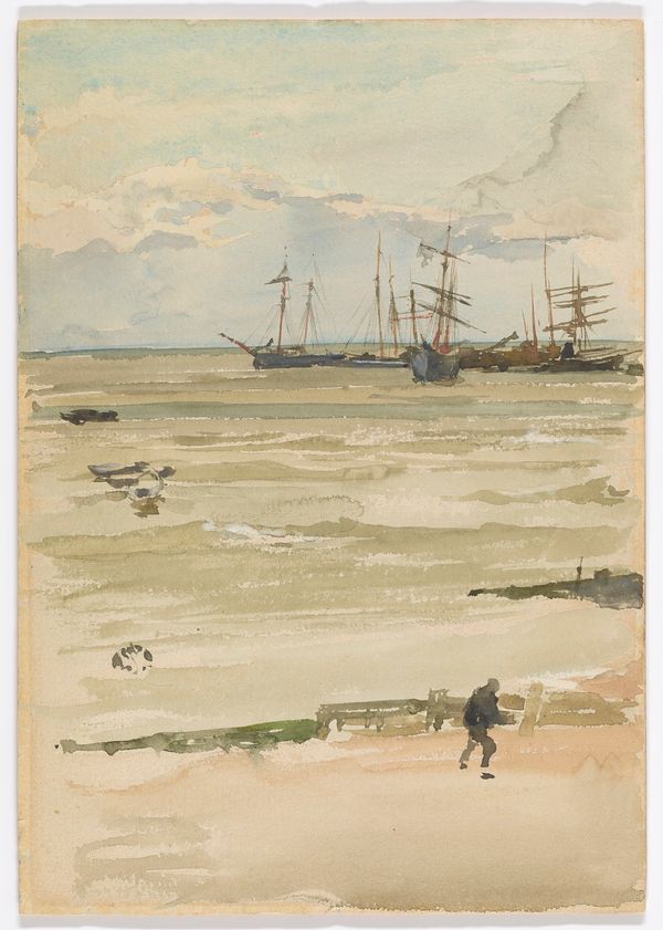 A group of vessels at anchor; a narrow beach in the foreground; one figure; signed with butterfly near the left edge.