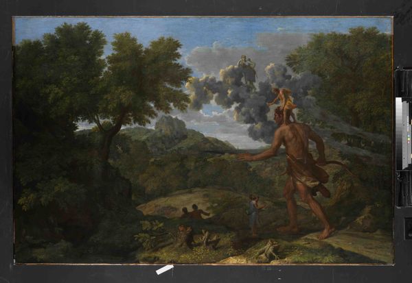 A painting showing a giant walking across the land towards the sun as clouds rise in the sky.