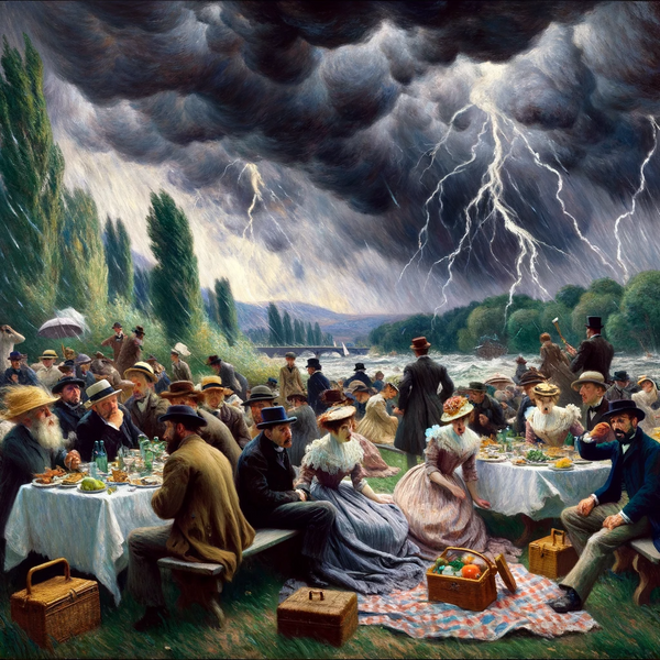 An AI rework of Edouard Manet's "Déjeuner sur l'herbe", but under a stormy sky.